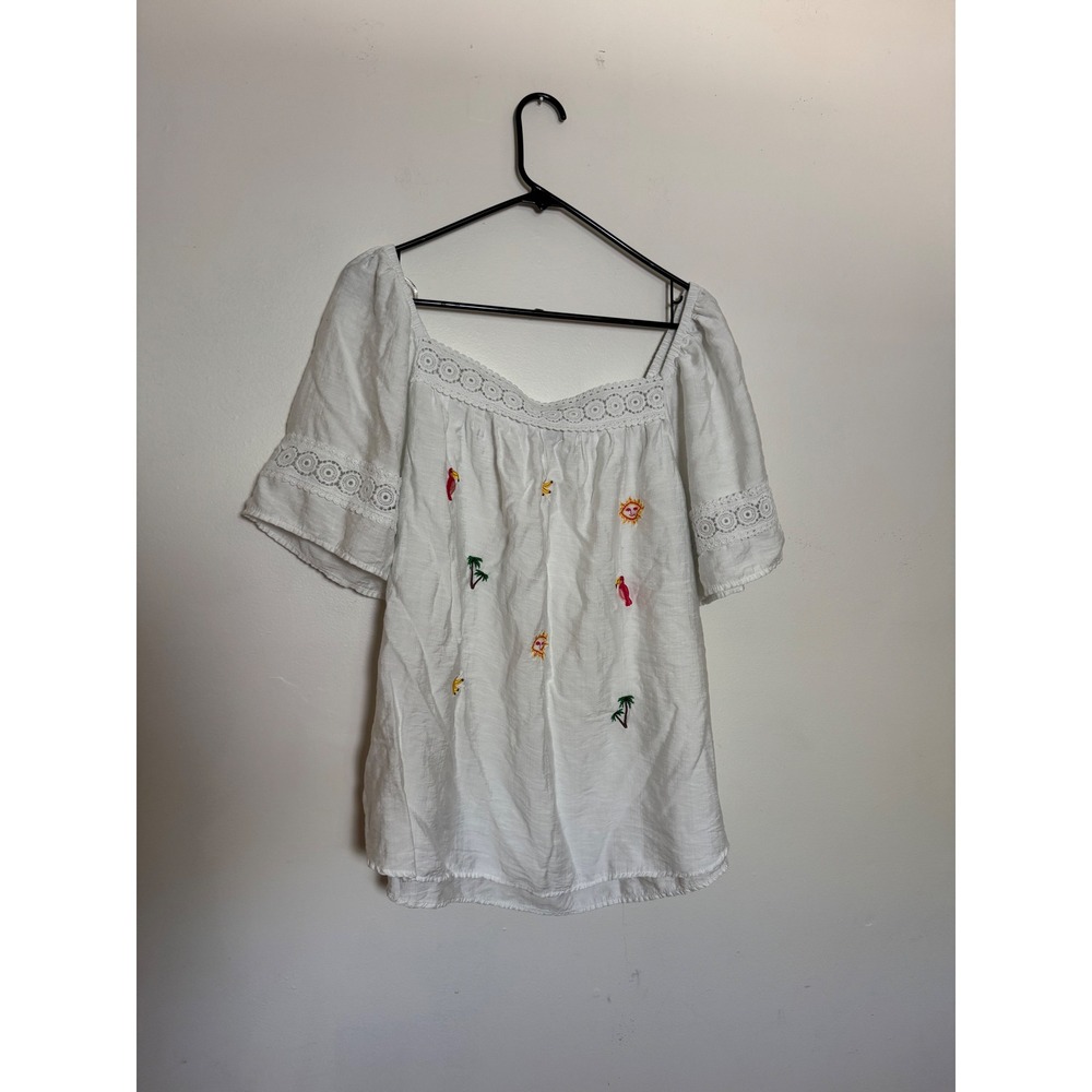 Sweet Rain White Tropical Embroidered Off Shoulder Lace Trim Blouse Plus 3XL